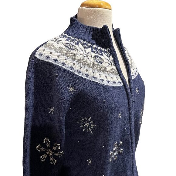 VTG Cardigan Blue&White Snowflakes Beads/Sequins size S - Picture 9 of 11